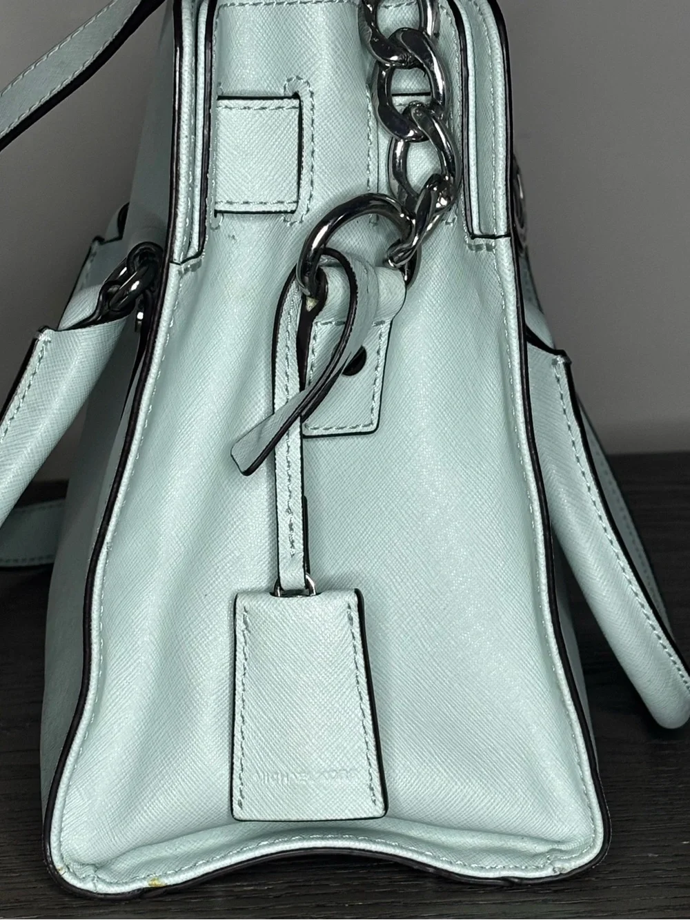 Michael Kors Hamilton Mint Green Saffiano Leather Satchel Tote Silver Lock Bag